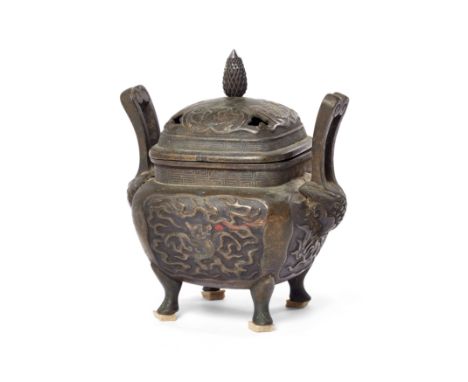 A Japanese bronze square-section incense burner and reticulated cover, koroMeiji periodStanding on four corner cabriole legs,
