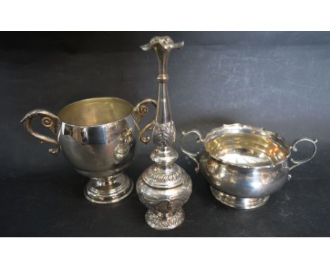 A London Silver Two Handled Sucrier, together with a London silver two handled cup and an Indian white metal altar piece