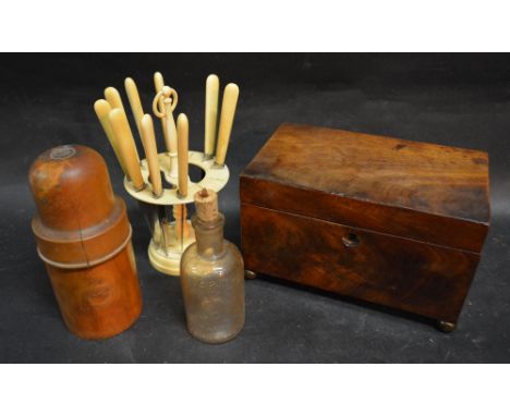 A Set of Nine Late 19th Century Knives mounted within an Ivory Stand, together with a 19th Century mahogany tea caddy and an 