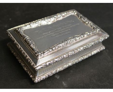 A Victorian Silver Presentation Snuff Box by Nathaniel Mills, the hinged cover enclosing a silver gilt interior, Birmingham 1