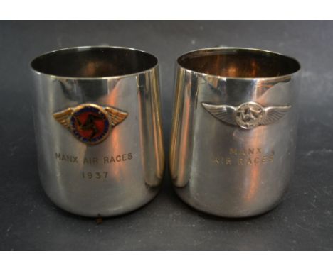 A Manx Air Races 1937 Commemorative Silver Plated and Enamel Decorated Mug, together with another similar