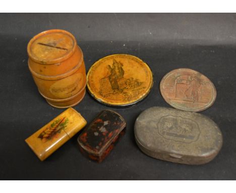 A 19th Century Lacquered Snuff Box together with five other similar items 