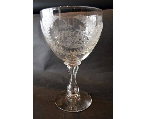 A Large 19th Century Presentation Pedestal Glass with Foliate Etching and initials WB, 27 cms tall