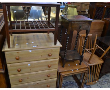 A modern pine veneered chest of drawers; a teak nest of tables; an oak barley twist hall table; an teak coffee table; a pair 