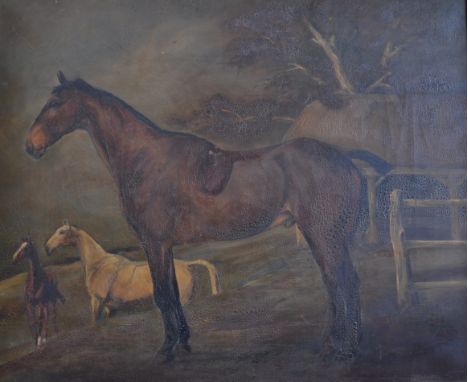 In the Manner of John Charlton RBA (1849-1917)Equine portrait, Peccable, full-length, the background with two further horses 