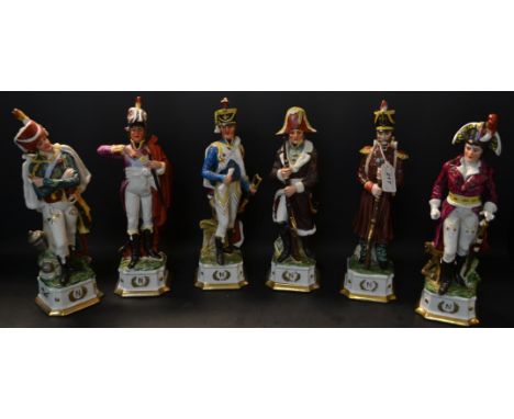 A set of six Capo-di-Monte Napoleonic Wars military figures, each standing in military dress, the canted square bases with cr