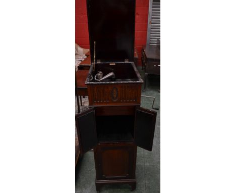 An early 20th century His Masters Voice wind up library gramophone, mahogany case, lifting lid, speaker and workings covers, 