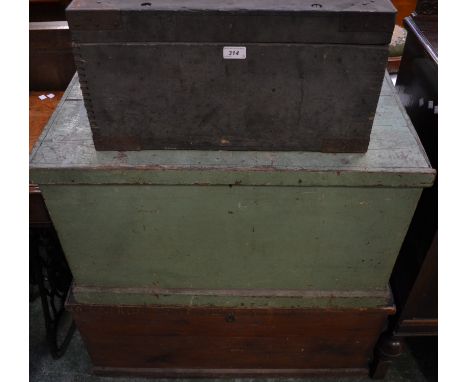 A painted pine joiners tool chest/box; another; a Type TR9D transmitter box (3)