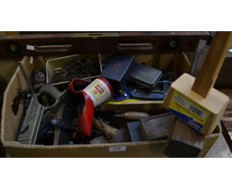 Tools - a D Kimberley &amp; Sons plane; a Record plough plane, boxed; a Baty of London dial gauge; a mahogany spirit level; a