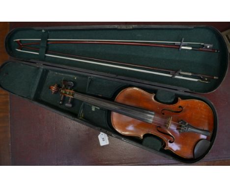 A violin, 35.5cm long two-piece back excluding button, outlined throughout with tramline purfling, checkered rosewood chin re