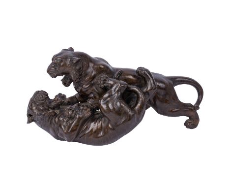 JAPAN "Tigergruppe aus Bronze" 1868-1912 Seiya, Meiji-Periode, zwei Tiger im Kampf, beide mit offenem Maul und wildem Gebrüll
