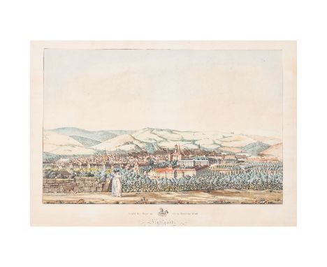 STUTTGART "Ansicht der Haupt und ersten Residenz Stadt Stuttgart von der Morgenseite" kolorierte Radierung/Aquatinta von Carl