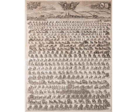 KÜNSTLER DES XVIII JH. "Hochzeitszug" 1749 Radierung, HxB: ca. 98/75 cm. Rahmen, HxB: 104/83cm. Normale Alters-und Gebrauchss