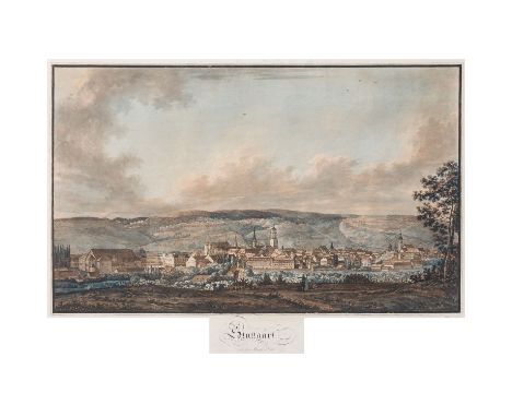 STUTTGART VON DER ABENDSEITE Wilhelm Nilson, kolorierte Radierung/Aquatinta, Verlag Ebner um 1810, HxB: ca, 56/70 cm. Rahmen,