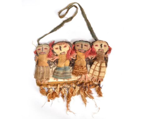 Four Peruvian dolls 20th century with circa 1000 - 1400 AD textile fragments on a rectangular padded panel with a strap, 26cm