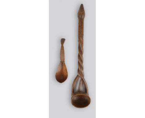 A Kulango spoon Ivory Coast with carved diaper decoration to the angled handle, 15cm long, and a South African ladle, with a 