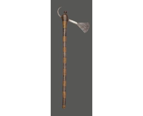 A Shona axe Zimbabwe with a steel blade having a curved tail and a two-tone wirework shaft with a knop finial, 63.5cm long.