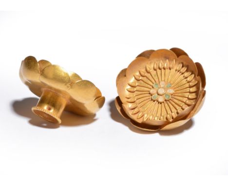 Two Hellenistic&nbsp;style&nbsp; gold and enamel rosettes each composed of a double cup of petals with white and green enamel