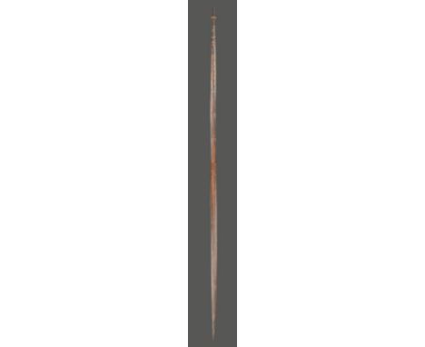 A Massim Bow Trobriand Islands with part carved and pigment decoration, with remains of fibre, 173.5cm long.