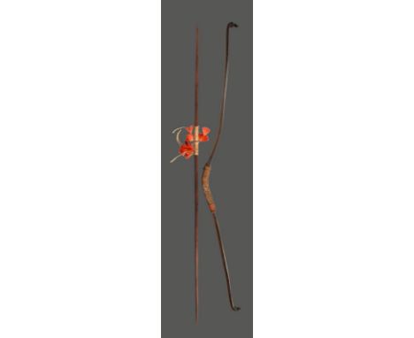 λA Japanese bow horn with fibre and cloth binding, 86cm long, and an Amazon bow with fibre and feather binding, 89.5cm long. 
