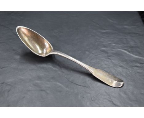 A late 18th/early 19th century French .950 grade 'silver' Hanoverian fiddle pattern spoon, nicely made with deep pointed oval