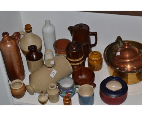 A stoneware foot warmer; a Gin stoneware flagon;  a stoneware milk bottle; a Lovatt's Langley ware jardiniere; a gravy separa