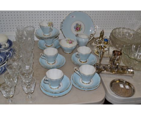 A Royal Standard part tea service; cut glass sherry glasses ; silver plated ware 