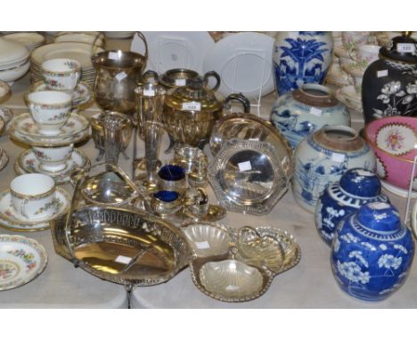 Silver Plated Ware - Viner's of Sheffield sauce boat; condiment set; entree dish; three piece tea service; etc