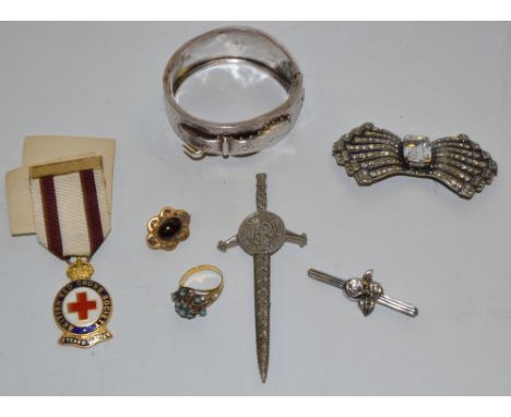 Fashion Jewellery - a silver hinged bangle;  a silver turquoise ring;  Red Cross medal;  etc 