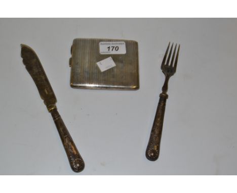 A silver cigarette case, engine turned, initials, Birmingham 1922; silver hafted fish knife and fork 