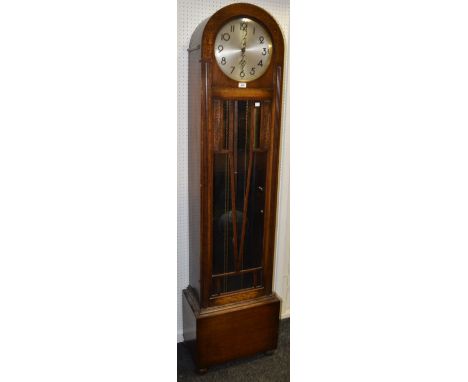 An early 20th oak floorstanding twin weight long case clock, domed top, c.1930