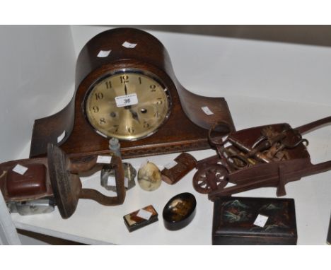 A 1930s Napoleon hat mantel clock; keys; papier mache box; etc, qty 