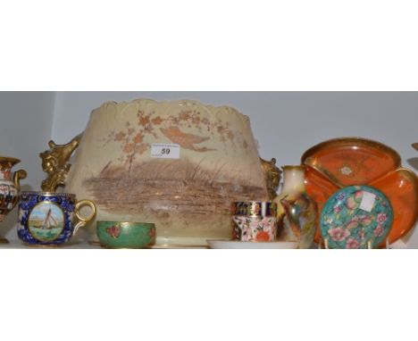 Decorative Ceramics - a Staffordshire jardiniere decorated with cranes and flowering prunus; a Worcester vase painted with a 
