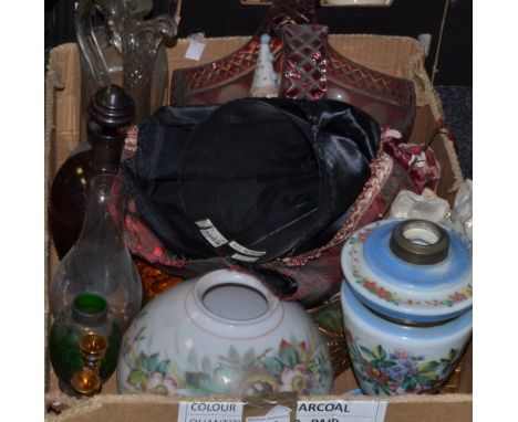 Household Goods - coffee bean tea spoons; Christmas decorations ; decanter; oil lamp chimney , shade; etc (1 box)