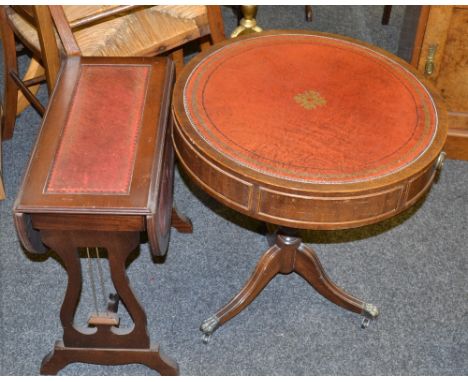 A 20th century drum table, leather top  tripod base; another miniature dropleaf ; etc 