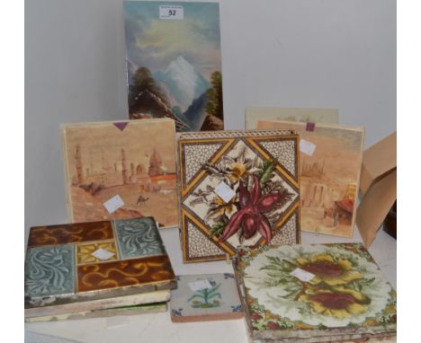 A rectangular tile, painted with an Alpine scene, entitled The Matterhorn, 30cm x 15cm; other Staffordshire hand painted tile
