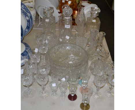 Glassware- cut glass decanters, cut glass tumblers, rose bowl, storm lantern, wine glasses; etc