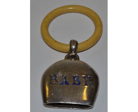 A George V silver and enamel baby's rattle, inscribed Baby, Birmingham 1913 
