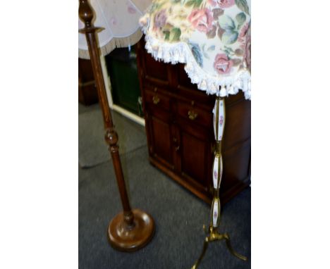 A 20th century brass lamp, floral porcelain inlay, tripod base; another, mid 20th century (2) 