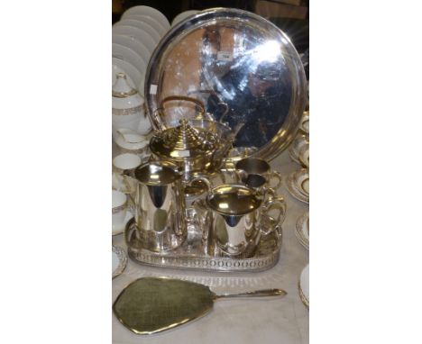 Silver Plate - an EPNS teakettle on stand,  a four piece tea service;  a circular tray; a silver hand mirror;   etc 