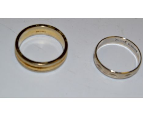 An 18 ct white gold wedding band, size J, 1.8g;  another 9ct gold, size K, 4.2g (2)
