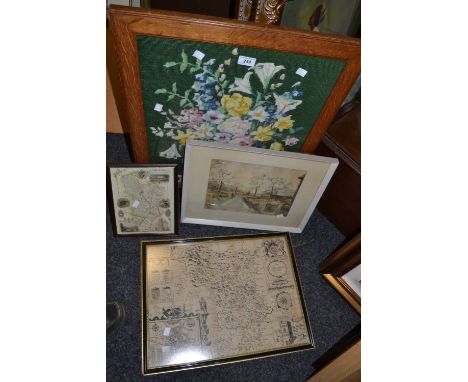 An oak and tapestry fire screen; English school water colour 'Feeding the Chickens' ; reproduction framed map of Derbyshire (