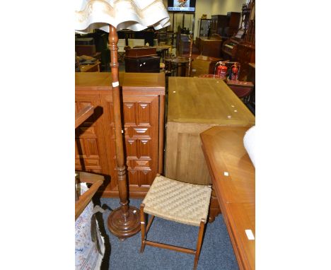 A stained mahogany standard lamp c 1940's a rush seated  stool (2)