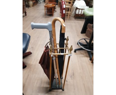 BRASS STICK STAND CONTAINING UMBRELLA AND WALKING STICK