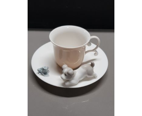 LLADRO 6042 DOG AND FROG CUP WITH SAUCER SIGNED ON BASE WITH ORIGINAL BOX