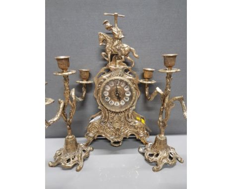 HEAVY BRASS FRENCH STYLE MANTLE CLOCK WITH 2 BRASS 3 WAY CANDELABRAS