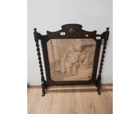 VINTAGE OAK FRAMED BARLEY TWIST FIRE SCREEN WITH WOVEN FRONT PANEL OF A LUTE PLAYER