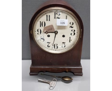 MAHOGANY DOME SHAPED MANTLE CLOCK WITH PENDULUM AND KEY
