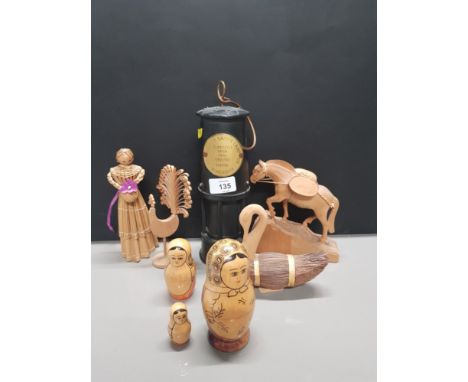 HAND CHARGED HORSE ORNAMENT TOGETHER WITH WOODEN REPRODUCTION MINERS LAMP