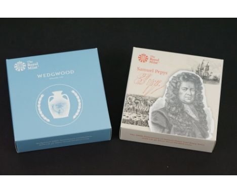 Two Royal Mint United Kingdom 2019 £2 silver proof piedfort coins to include The 350th Anniversary of Samuel Pepys Last Diary